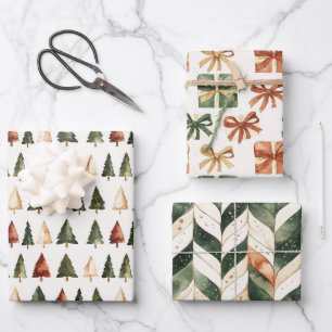 Rustic Watercolor Christmas Set of 3 Wrapping Paper Sheets