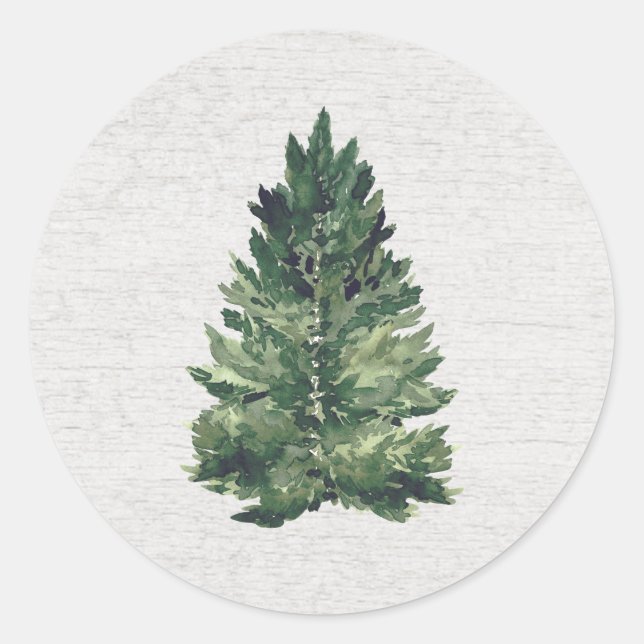 Rustic Watercolor Christmas Tree  Classic Round Sticker (Front)