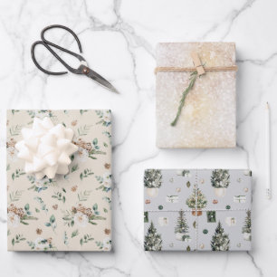 Rustic Watercolor Christmas Tree Floral Wrapping Paper Sheets