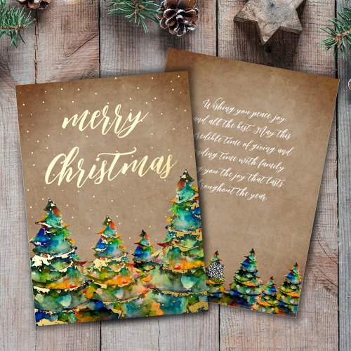Rustic Watercolor Christmas Tree Snowflakes Gold Foil Holiday Card