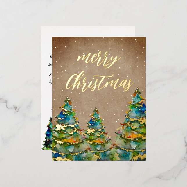 Rustic Watercolor Christmas Tree Snowflakes Gold Foil Holiday Postcard (Front/Back)
