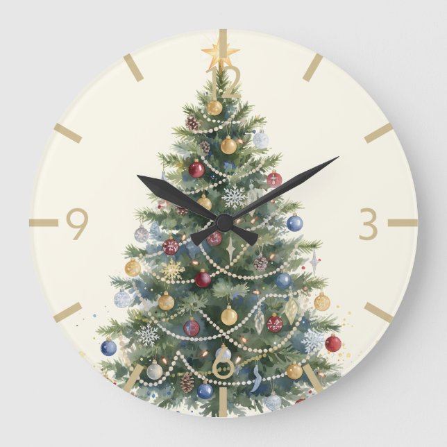 Rustic Watercolor Christmas Tree Xmas Holidays Large Clock (Front)