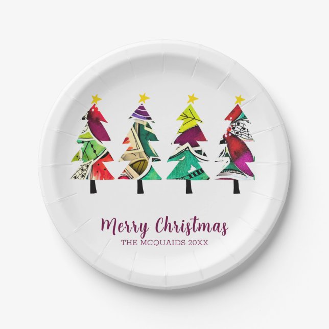  Rustic Watercolor Christmas Trees  Paper Plates (Front)
