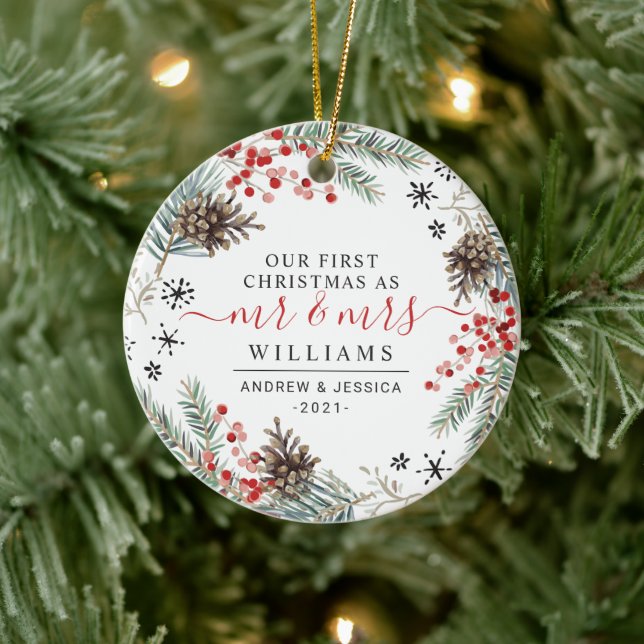 Rustic Watercolor Christmas Wreath | Mr. & Mrs. Ceramic Ornament (Tree)