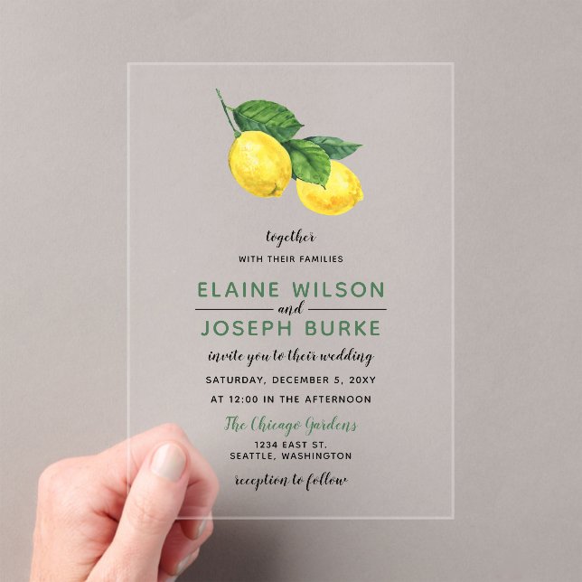Rustic Watercolor Citrus Lemon Wedding Acrylic Invitations (Insitu (Handheld))