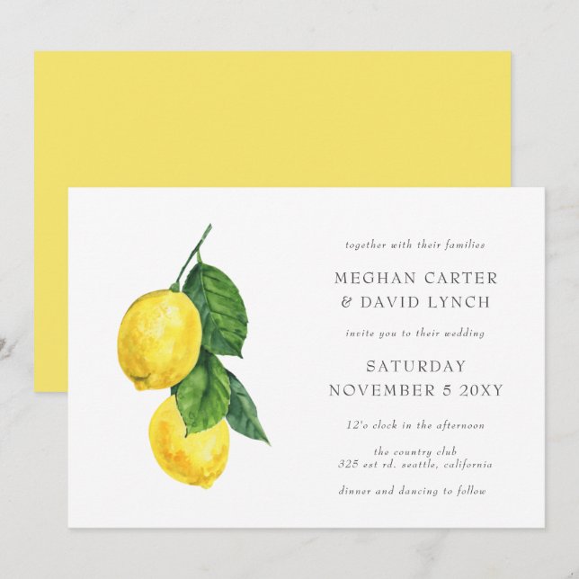 Rustic Watercolor Citrus Lemon Wedding Invitation (Front/Back)