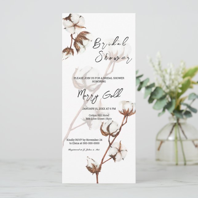 Rustic watercolor cotton Bridal Shower Invitation  (Standing Front)