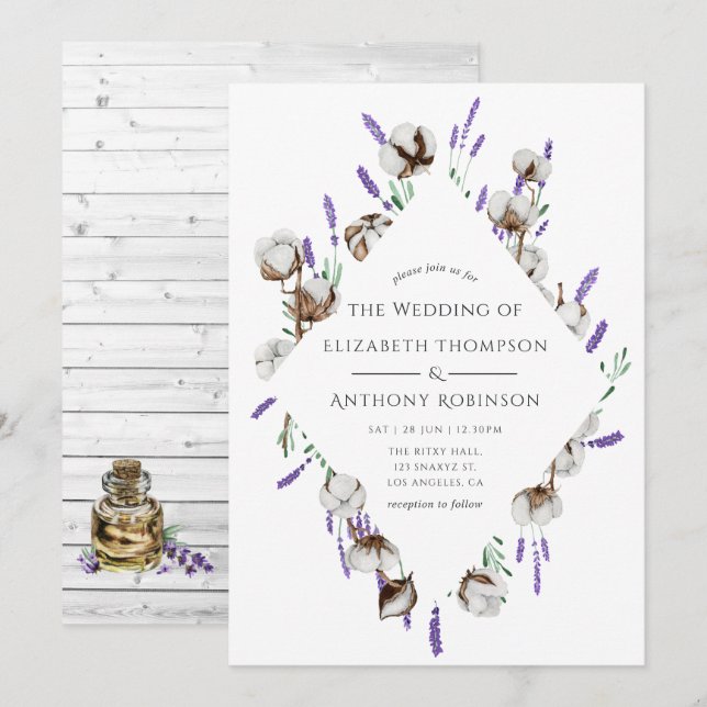 Rustic Watercolor Cotton Lavender Country Wedding Invitation (Front/Back)