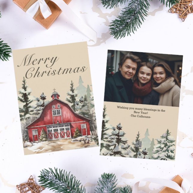 Rustic Watercolor Country Christmas Photo Holiday Card (Creator Uploaded)