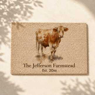 Rustic Watercolor Cow Country Farmstead Fiber Doormat