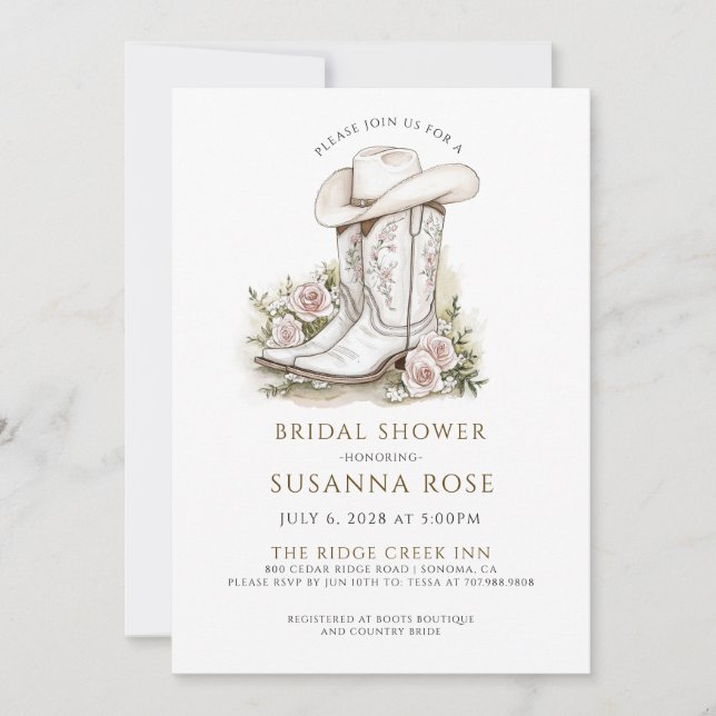 Rustic Watercolor Cowgirl Hat Boots Bridal Shower Invitation (Front)