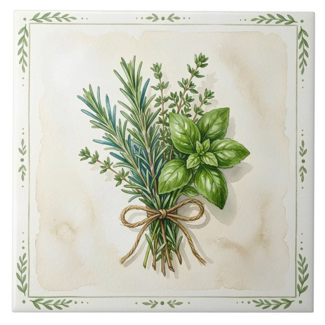 Rustic Watercolor Culinary Herbs Ceramic Tile (Front)
