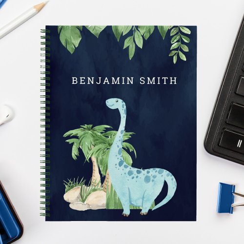 Rustic Watercolor Cute Dinosaur Navy Blue Notebook