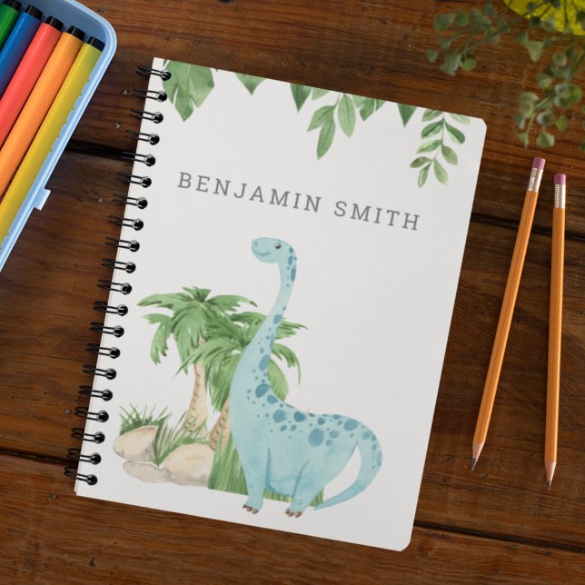 Rustic Watercolor Cute Dinosaur Personalized Name Notebook (Creator Uploaded)
