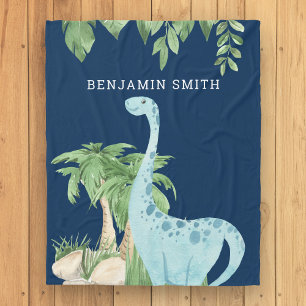 Rustic Watercolor Cute Dinosaur Personalized Navy Fleece Blanket