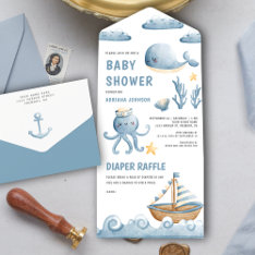 Rustic Watercolor Cute Nautical Boat Baby Shower All In One Invitation at Zazzle