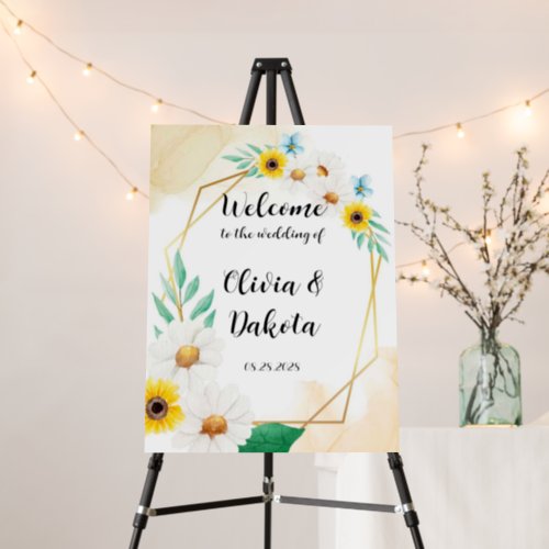 Rustic Watercolor Daisies Geometric Welcome Sign