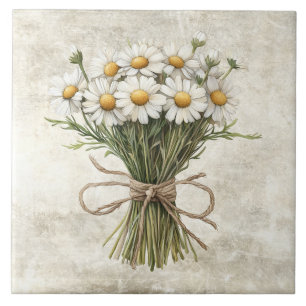Rustic Watercolor Daisies with Twine Design Ceramic Tile