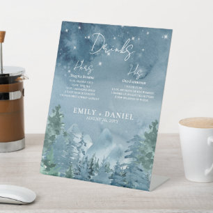 Rustic Watercolor Dark Dusk Blue Mountains Wedding Pedestal Sign