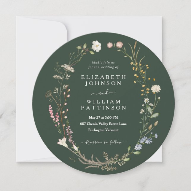 Rustic Watercolor Dark Green Wildflower Wedding Invitation (Front)