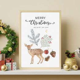 Rustic Watercolor Deer and Botanicals Christmas Canvas Print