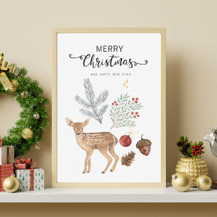 Rustic Watercolor Deer and Botanicals Christmas Canvas Print