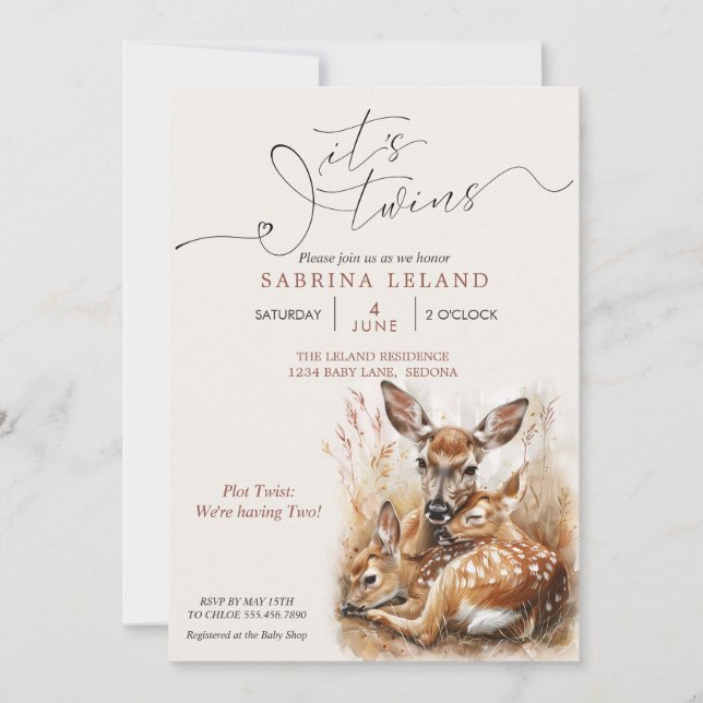 Rustic Watercolor Deer and Twin Fawns Invitation (Front)