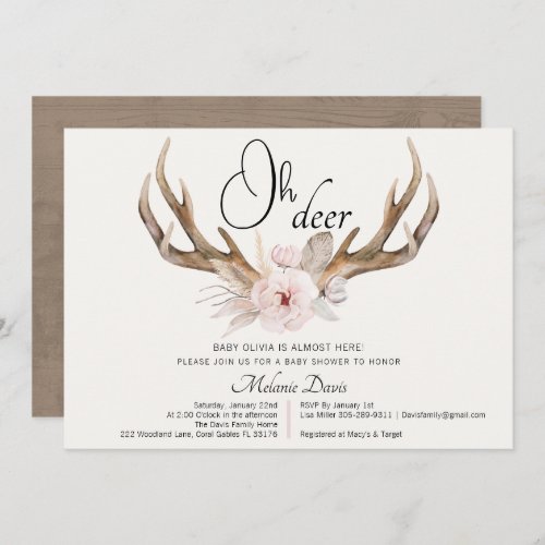 Rustic Watercolor Deer Antler Baby Shower  Invitation