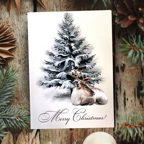 Rustic Watercolor Deer In Snow Custom Christmas Holiday Card