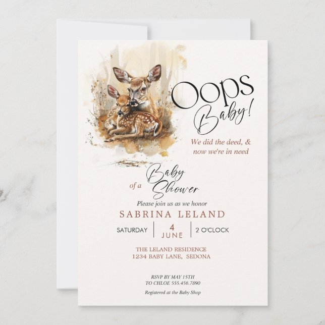 Rustic Watercolor Deer Oops Baby  Invitation (Front)