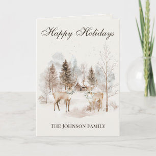 Rustic Watercolor Deer Winter Forest Christmas Card