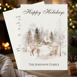 Rustic Watercolor Deer Winter Forest Holiday Card