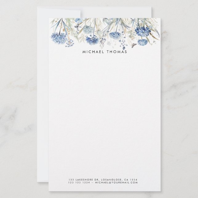 Rustic Watercolor Dusty Blue Hydrangeas Floral  Stationery (Front)