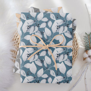 Rustic Watercolor Dusty Blue Leaves Winter Wrapping Paper Sheets