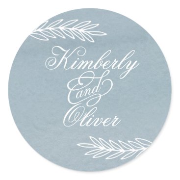 Rustic Watercolor Dusty Blue Nature Leafy Wedding Classic Round Sticker