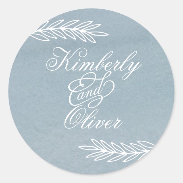 Rustic Watercolor Dusty Blue Nature Leafy Wedding Classic Round Sticker (Front)
