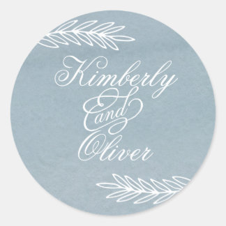 Rustic Watercolor Dusty Blue Nature Leafy Wedding Classic Round Sticker