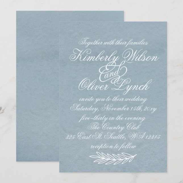 Rustic Watercolor Dusty Blue Nature Leafy Wedding Invitation (Front/Back)