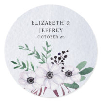 Rustic Watercolor Dusty Blue White Floral Wedding  Classic Round Sticker