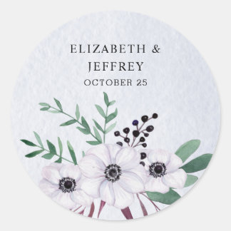 Rustic Watercolor Dusty Blue White Floral Wedding Classic Round Sticker