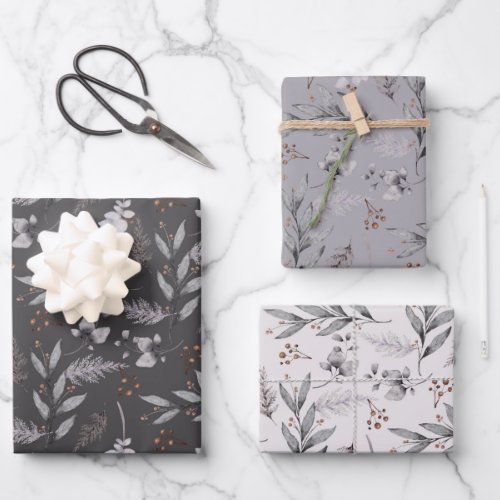 Rustic Watercolor Dusty Grey Leaves Winter Wrapping Paper Sheets