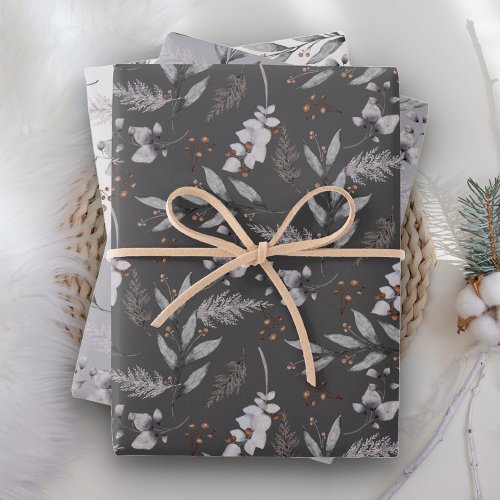 Rustic Watercolor Dusty Grey Leaves Winter Wrapping Paper Sheets