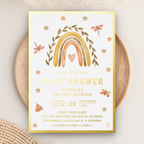 Rustic Watercolor Earthy Rainbow Baby Shower Gold Foil Invitation