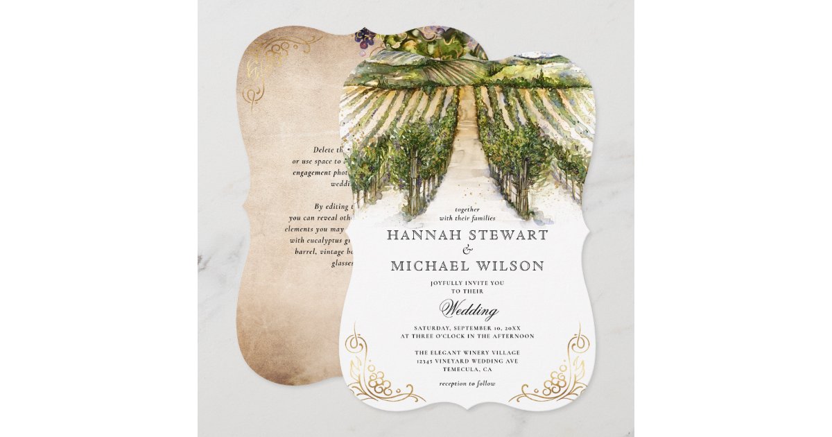 Rustic Watercolor Elegant Vineyard Wedding Invitation | Zazzle