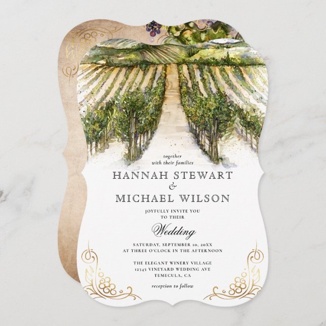 Rustic Watercolor Elegant Vineyard Wedding Invitation (Front/Back)