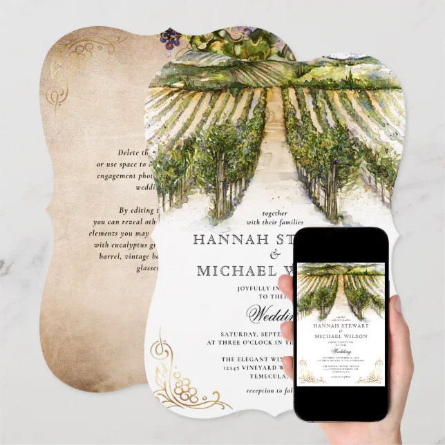 Rustic Watercolor Elegant Vineyard Wedding Invitation | Zazzle