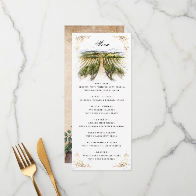 Rustic Watercolor Elegant Vineyard Wedding Menu (Front/Back In Situ)
