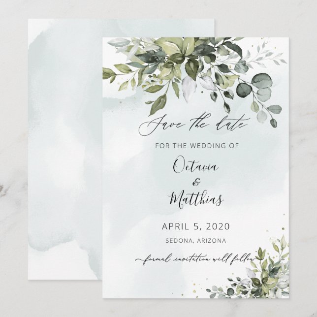Rustic Watercolor Eucalptus Greenery Save the Date Invitation (Front/Back)