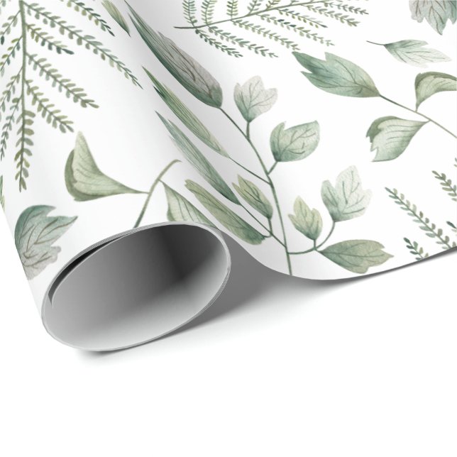 Rustic Watercolor Eucalyptus and Ferns Pattern Wrapping Paper (Roll Corner)