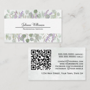 Rustic Watercolor Eucalyptus and Lavender QR Code Business Card